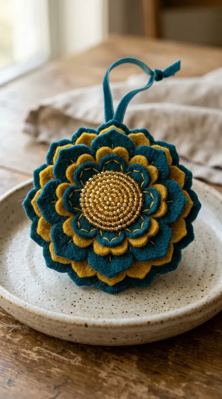 deep teal and mustard wool felt mandala blossom rosette with gold bead center resting on a ceramic dish