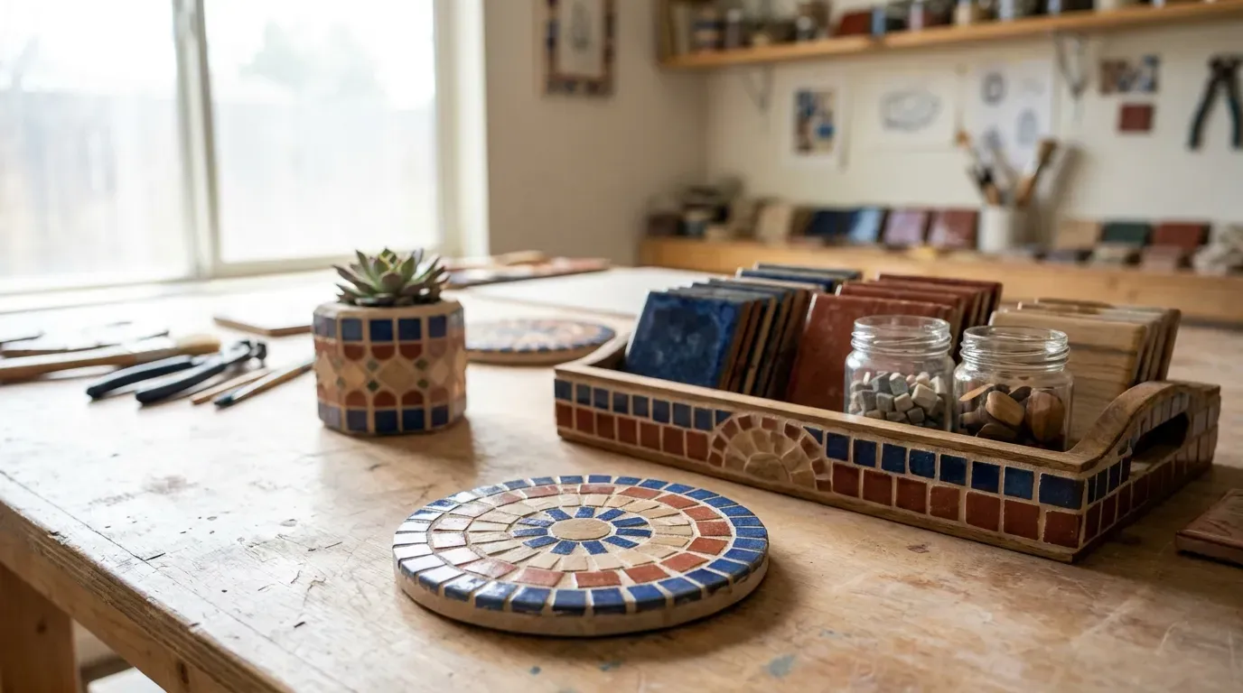 curated display of handmade mosaic tile coasters, trays, and planters on a wooden table