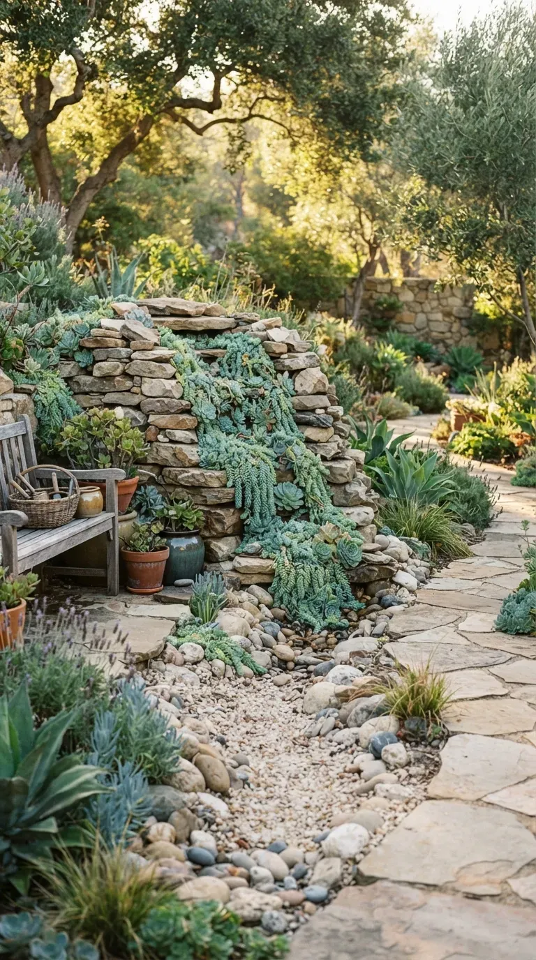 Blue and green succulents cascading through rocks like a beautiful dry waterfall.