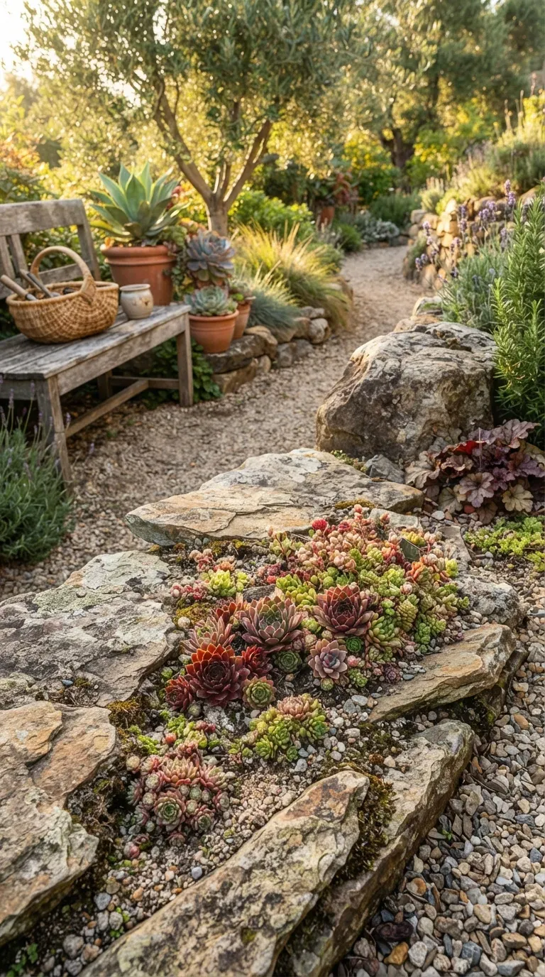 Small colorful succulents growing naturally between layered garden stones and gravel.