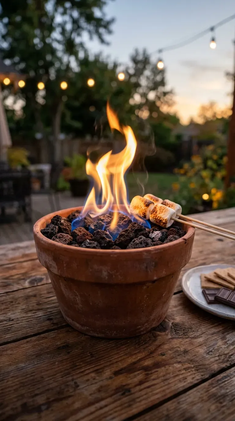 tabletop terracotta pot fire bowl with glowing flame and bamboo skewers on outdoor wood table
