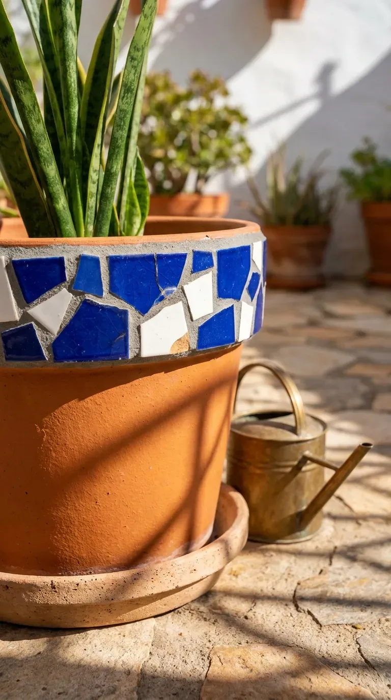 terracotta planter pot decorated with blue and white Mediterranean mosaic tiles