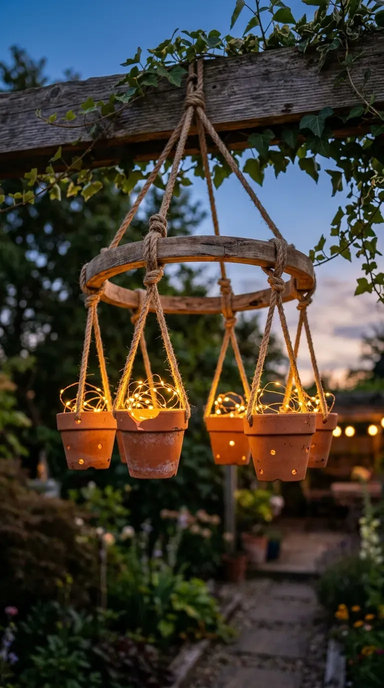hanging rustic chandelier made from inverted mini terracotta pots and glowing fairy lights under a pergola