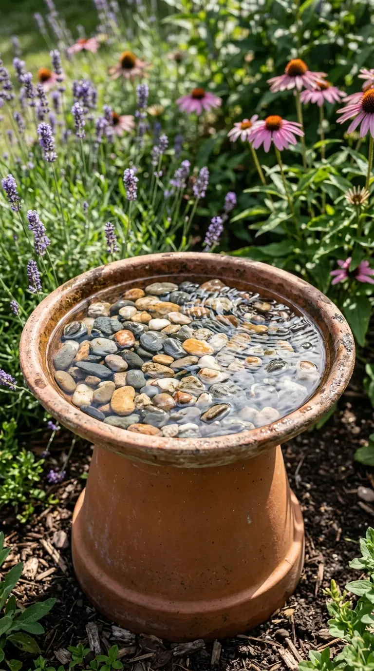 terracotta saucer bird bath filled with clear water and river stones surrounded by garden flowers