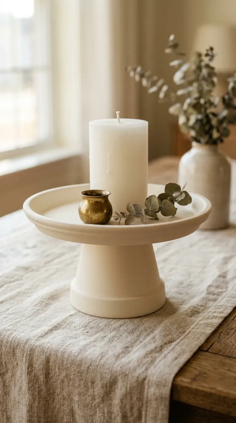 monochrome cream terracotta pedestal stand displaying a white pillar candle on entryway table
