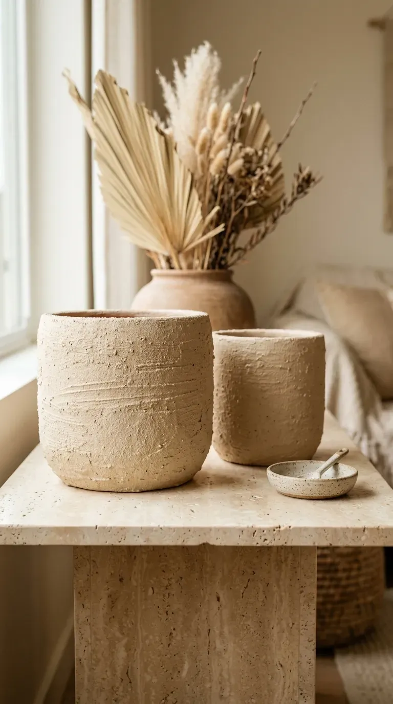 pair of beige textured baking soda painted terracotta pots with dried palm spears