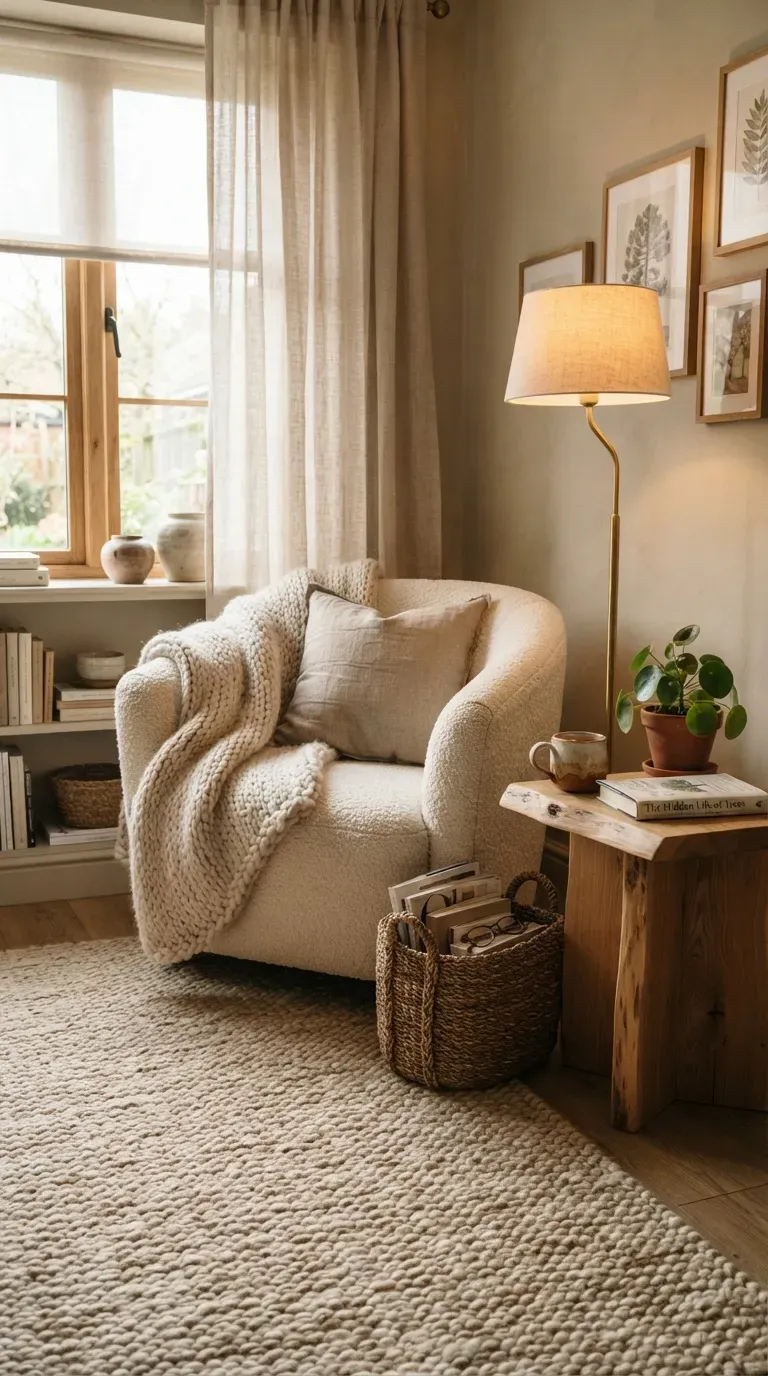 Warm reading nook with soft rug layered blankets cushions woven basket and comfortable chair.