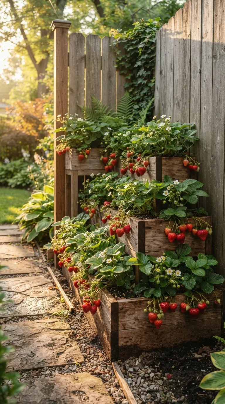 Tiered corner garden filled with cascading strawberry plants and ripe red berries.