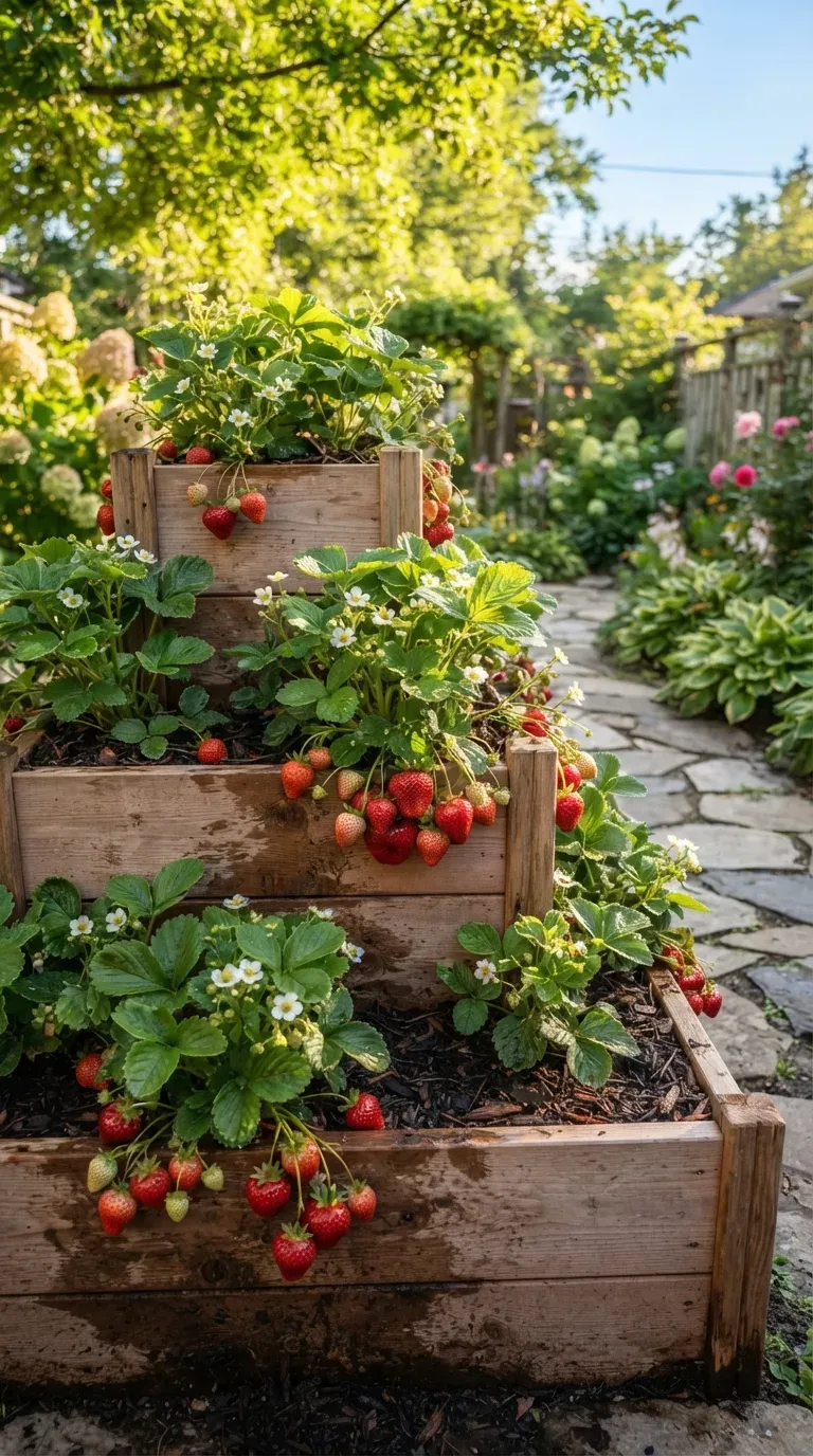 Tiered wooden raised garden beds filled with lush strawberry plants and ripe berries.