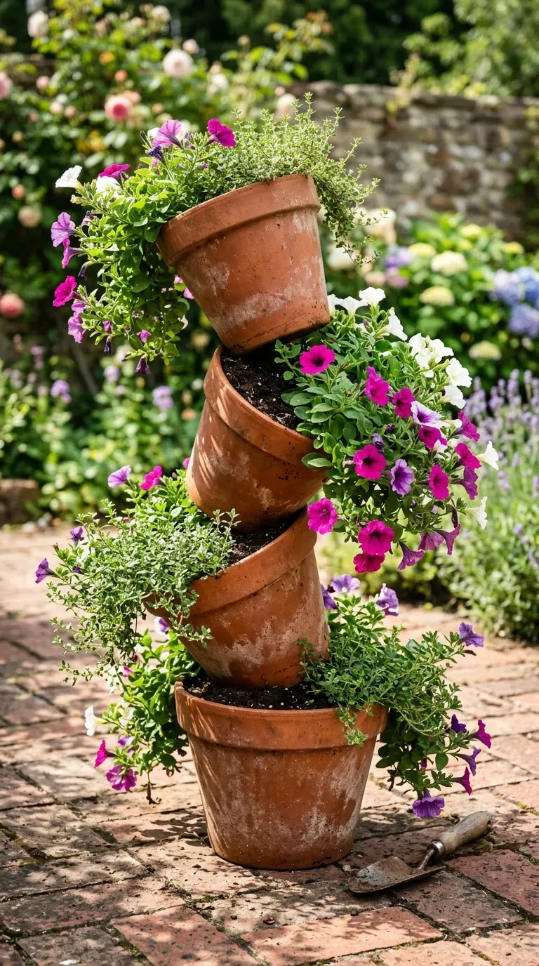 four-tiered stacked terracotta pot herb tower on a sunny outdoor brick patio