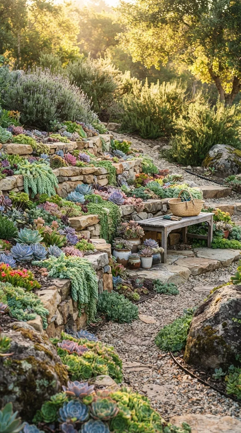 Beautiful tiered rock garden filled with layered colorful succulents and natural stones.