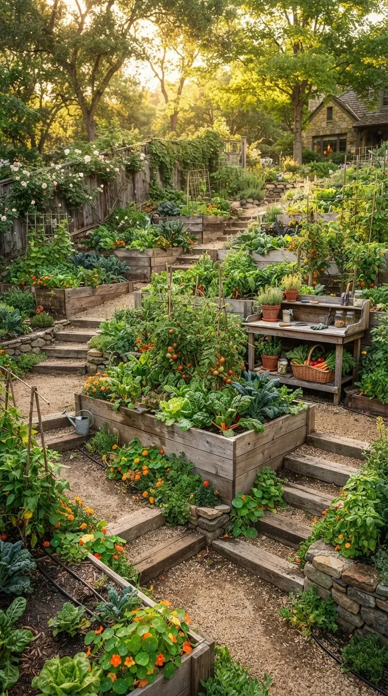 Productive terraced vegetable garden with raised beds on sunny backyard slope.
