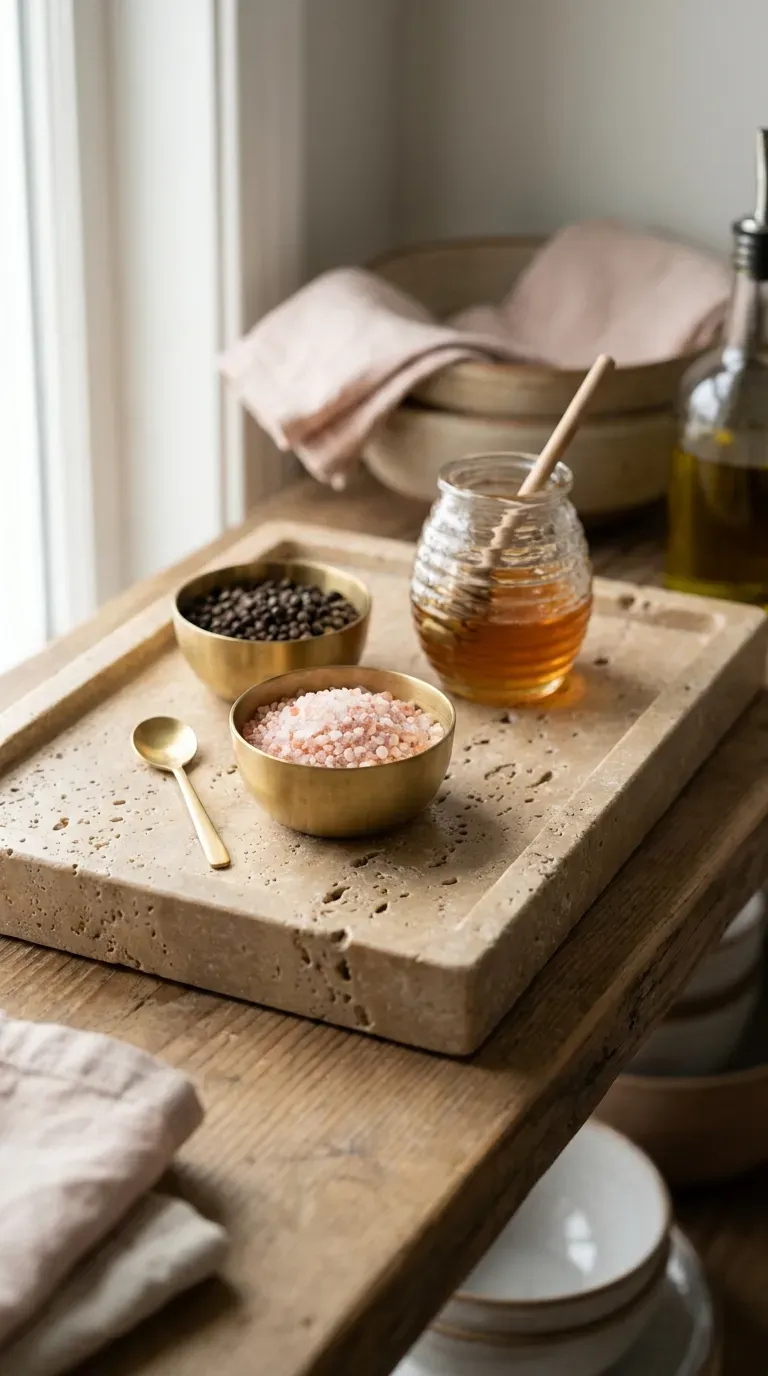 honed travertine stone tray holding brass spice pinch bowls on open kitchen shelf