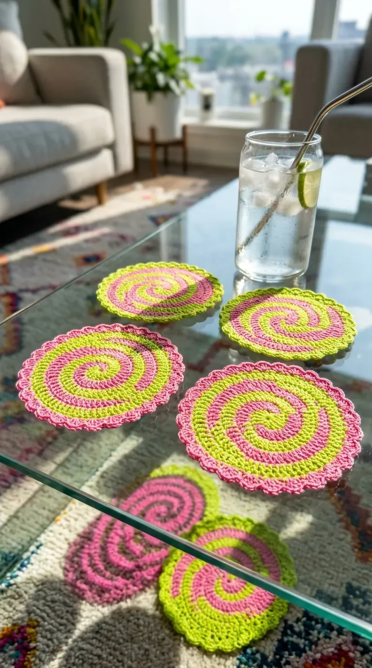 set of four spiral swirl crochet coasters in lime green and bubblegum pink on a glass table