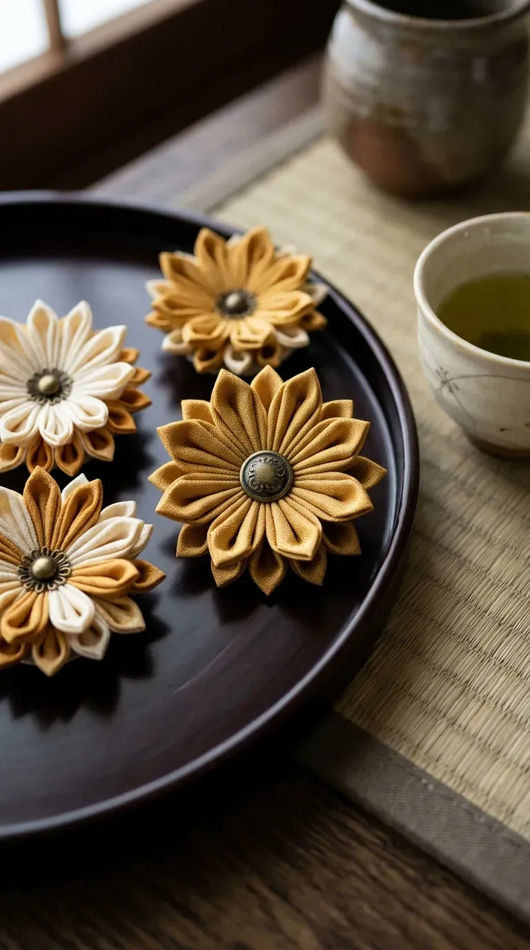 intricately folded geometric silk tsumami kanzashi daisies with brass button centers on a lacquer tray