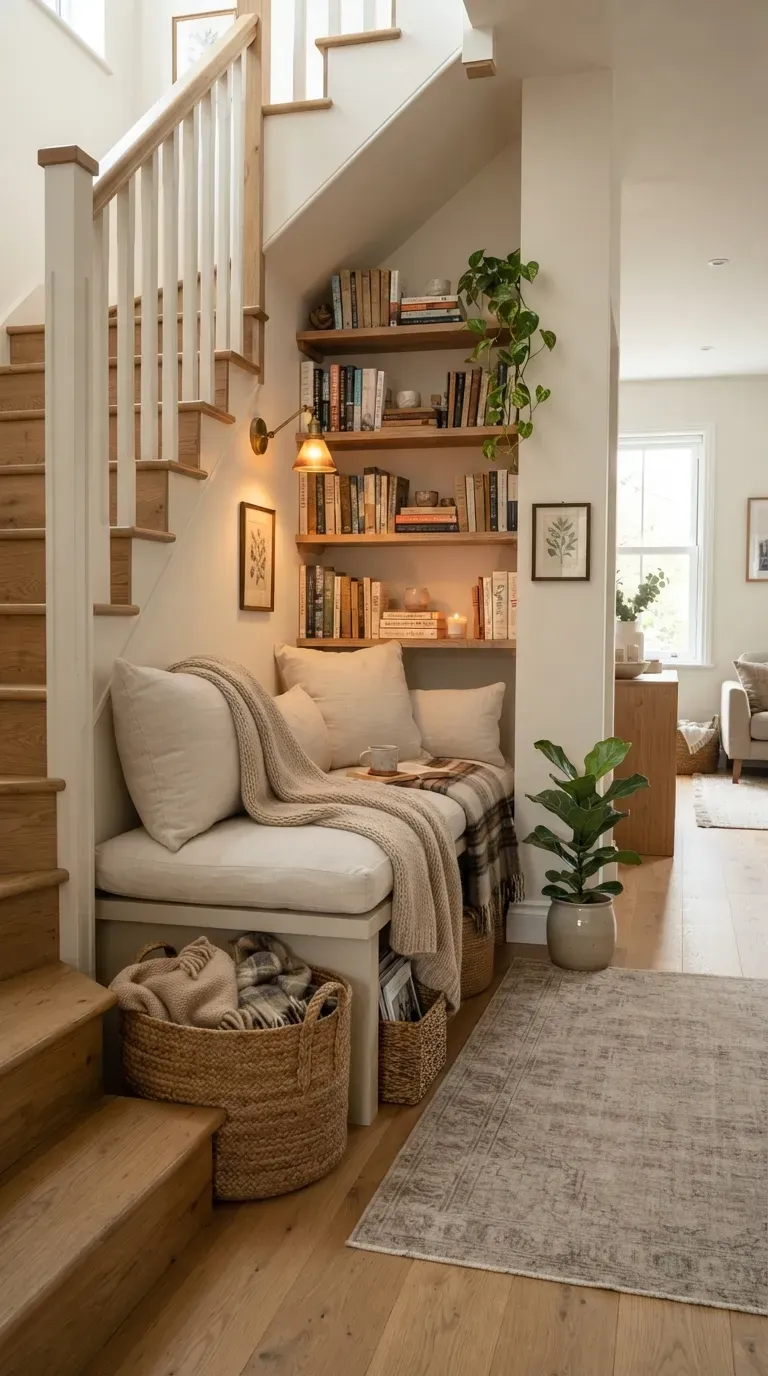 Cozy reading nook under a staircase with built-in shelves cushions books and warm lighting.