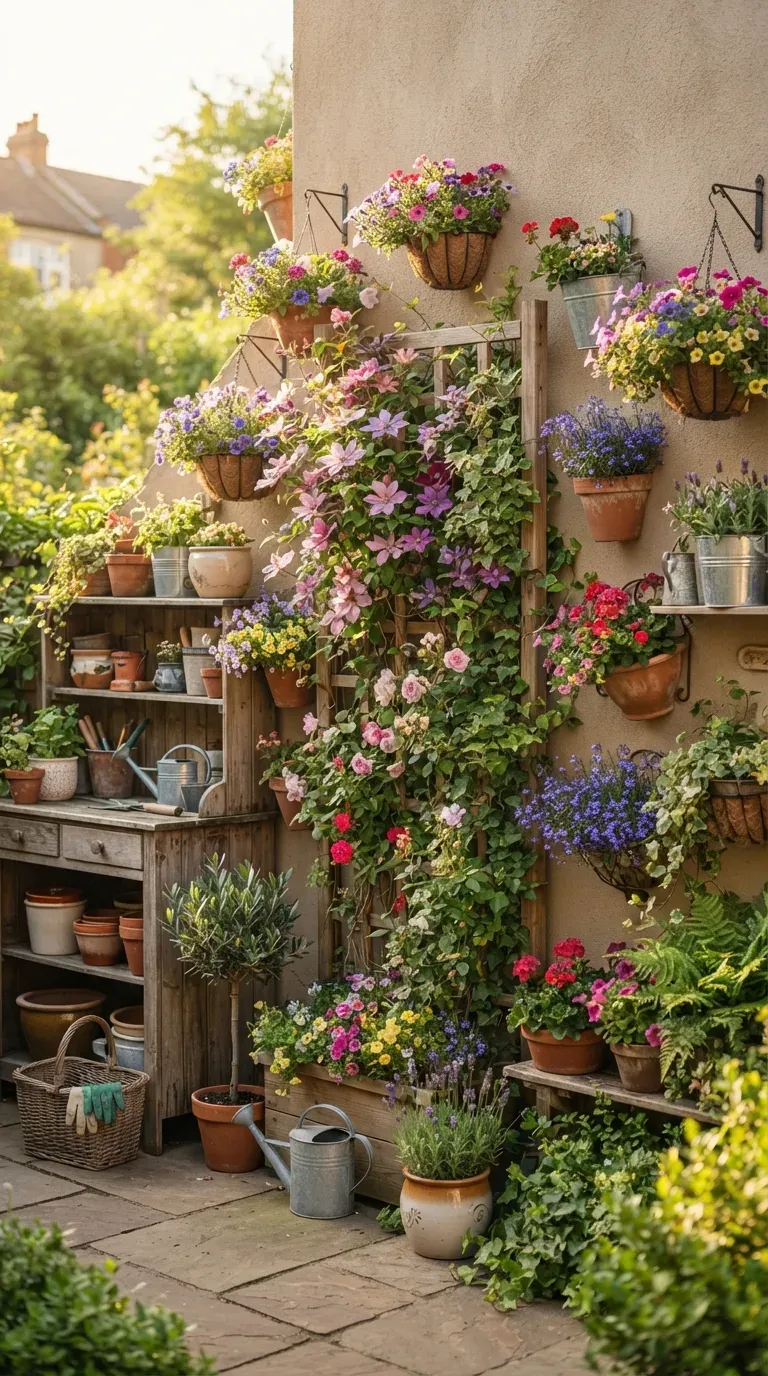 Vertical flower garden using trellis and planters filled with colorful blooms.