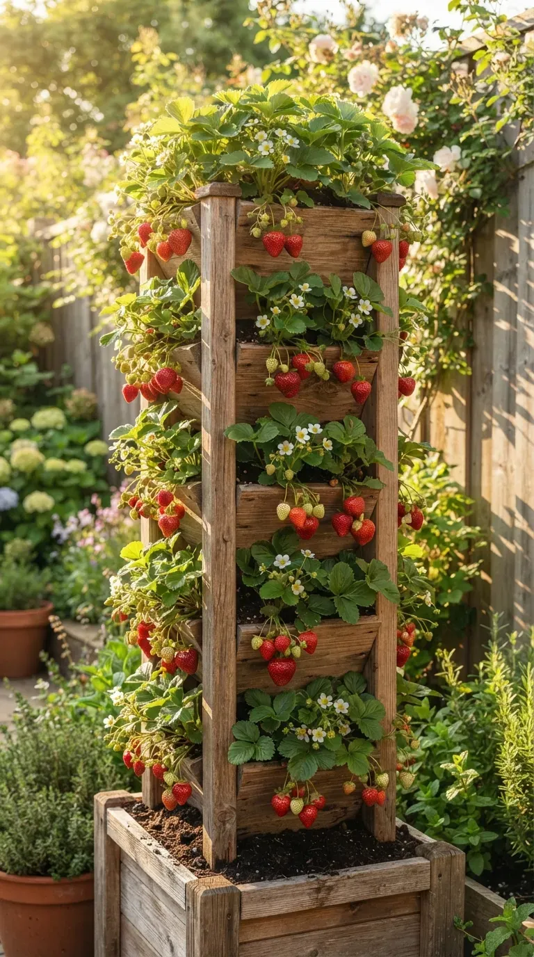 Vertical wooden strawberry planter filled with lush plants and ripe red berries.