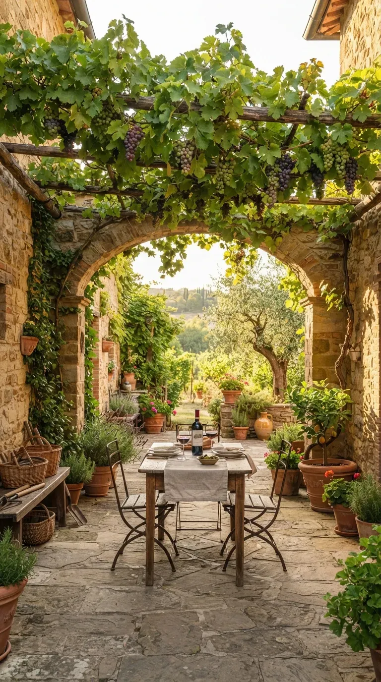 Elegant courtyard garden with climbing grapevines stone walls and rustic seating.