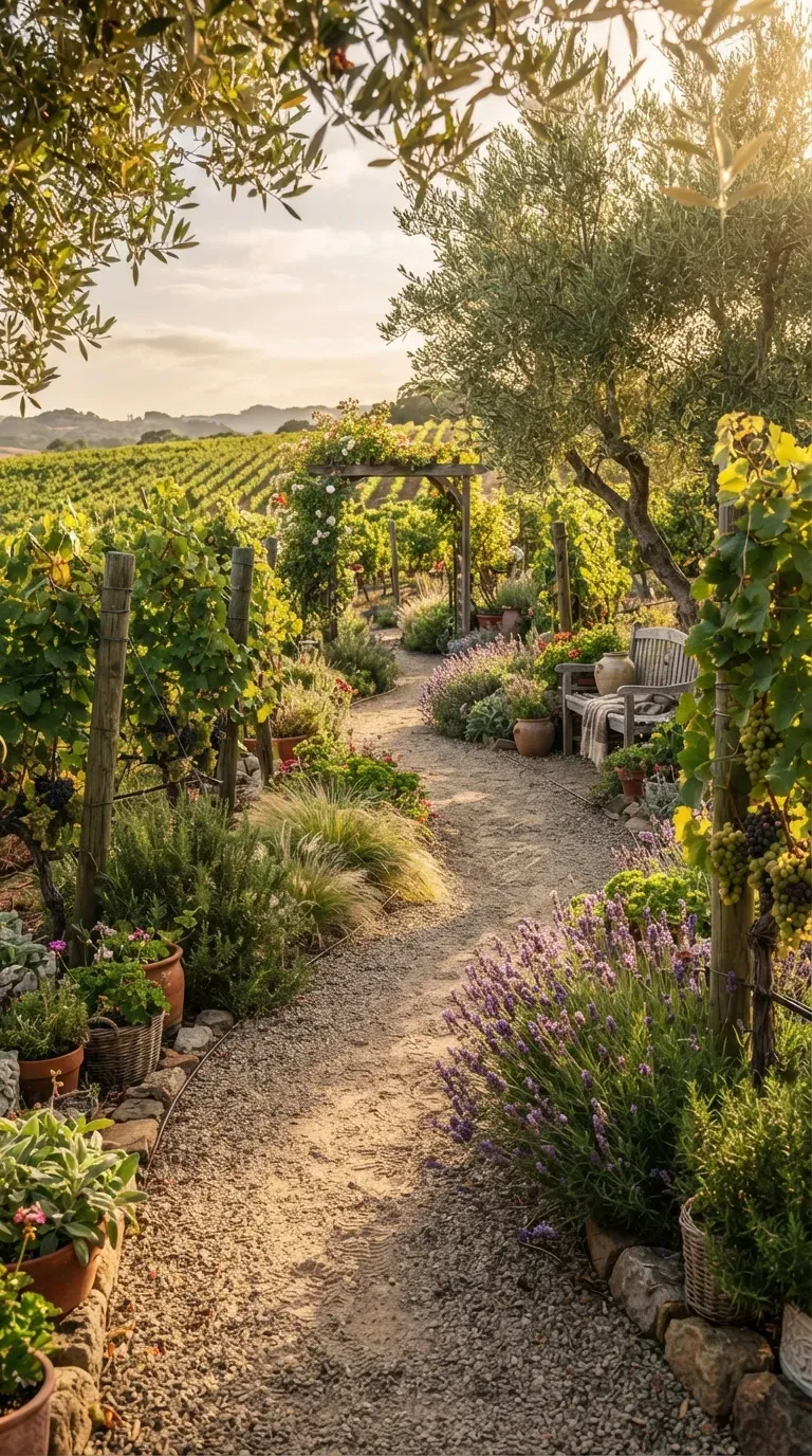 Rustic gravel path winding through lush grapevines and Mediterranean garden plants.