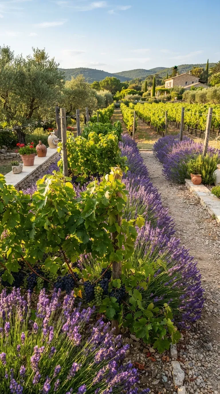 Grapevine rows bordered by fragrant purple lavender in sunny vineyard garden.