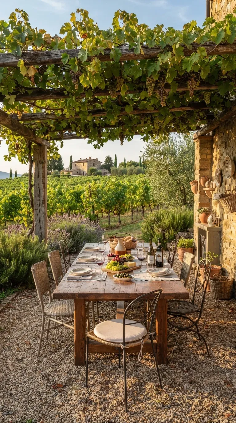 Elegant outdoor dining area surrounded by grapevines in warm vineyard-inspired garden.