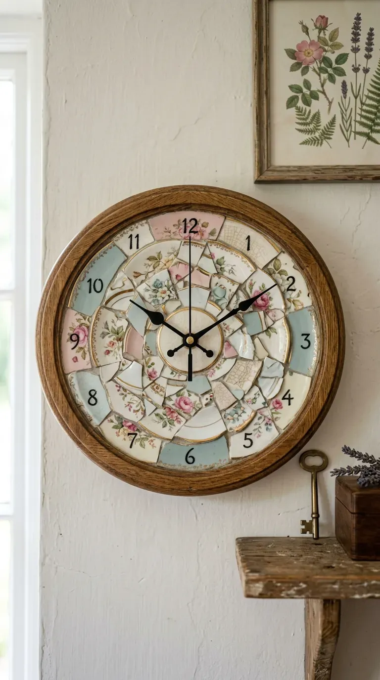 decorative round wall clock featuring mosaic face made from vintage floral china plate shards