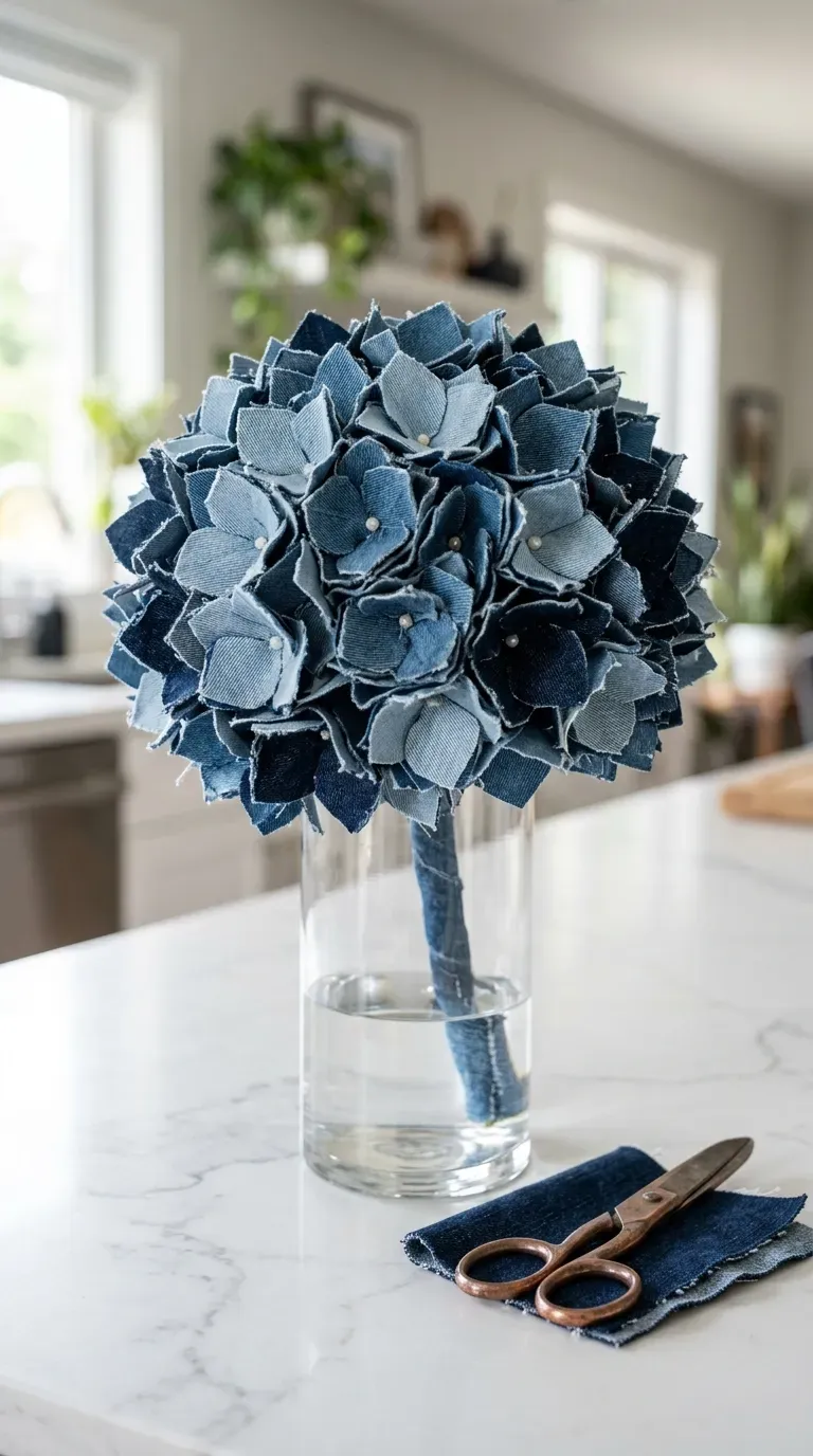 handcrafted denim hydrangea flower made from recycled jeans in a clear glass cylinder vase