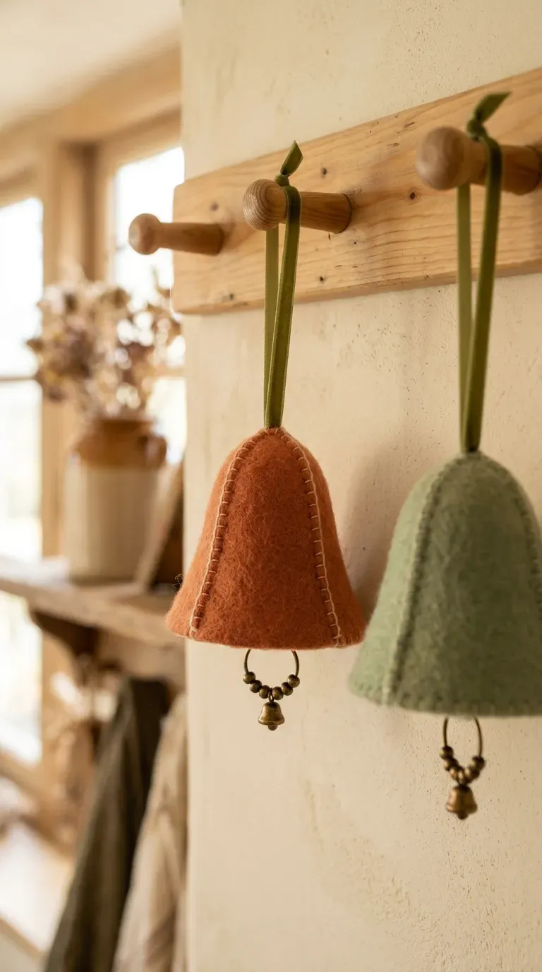 pair of terracotta and sage green felt cone bell ornaments with brass beads hanging on a peg rail
