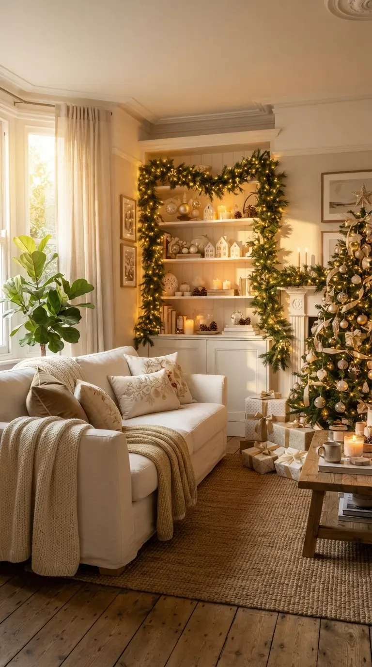 Warm fairy lights creating a magical Christmas glow around cozy home decorations.