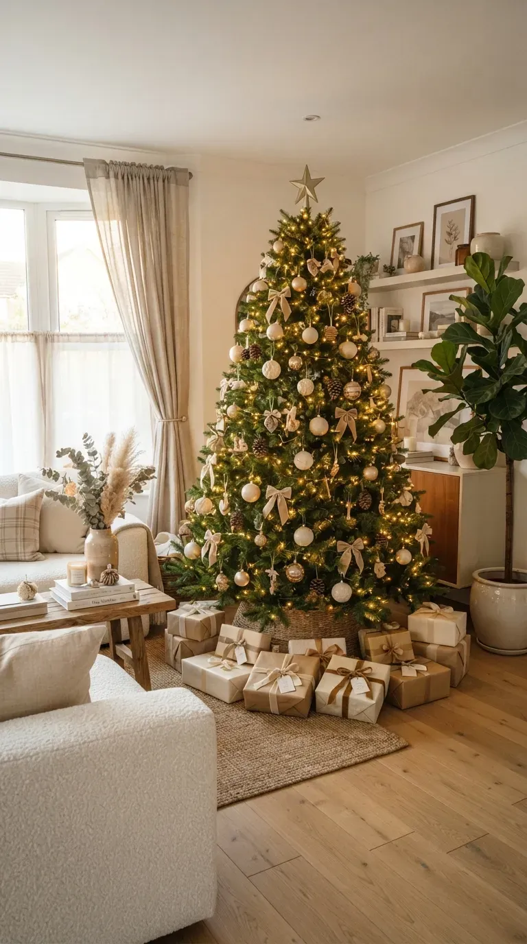 Elegant Christmas tree with warm lights gold ornaments ribbons and natural greenery.