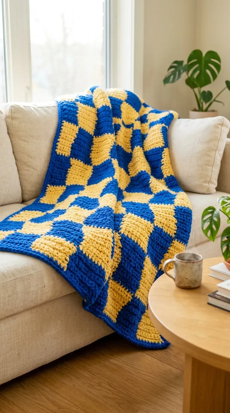 vibrant cobalt blue and yellow wavy checkerboard crochet throw blanket draped on a cream sofa
