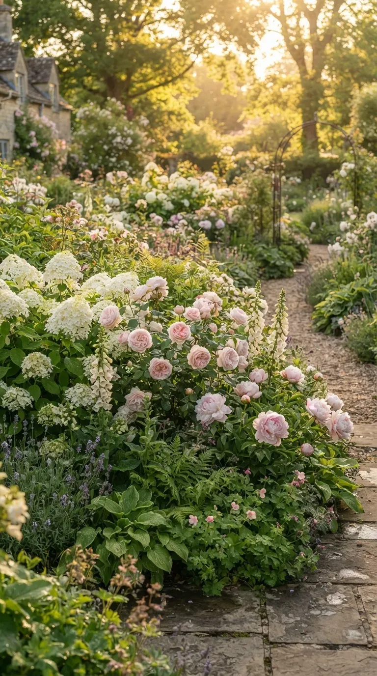 Elegant garden featuring white and blush pink flowers with lush greenery.