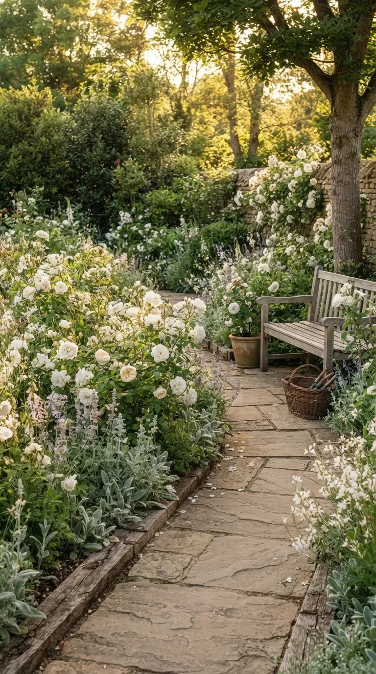 Elegant white and cream English rose garden with soft green foliage.