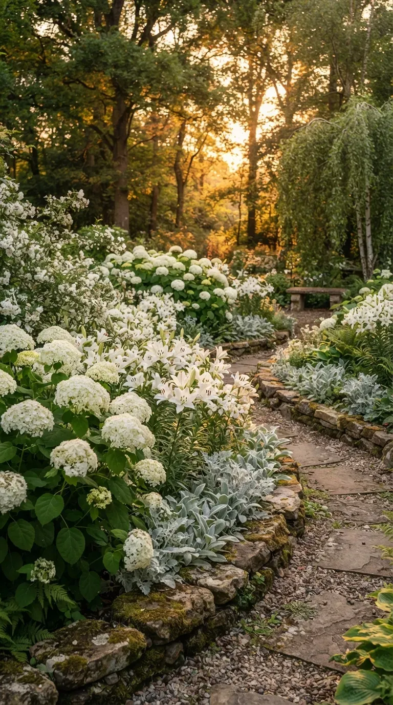 Elegant white hydrangea garden glowing softly during warm evening sunlight.