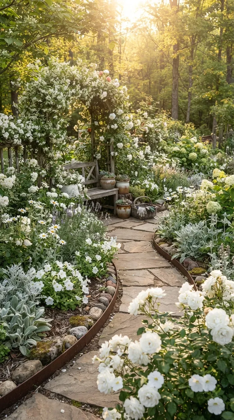 Elegant white flower garden designed to glow softly in evening light.