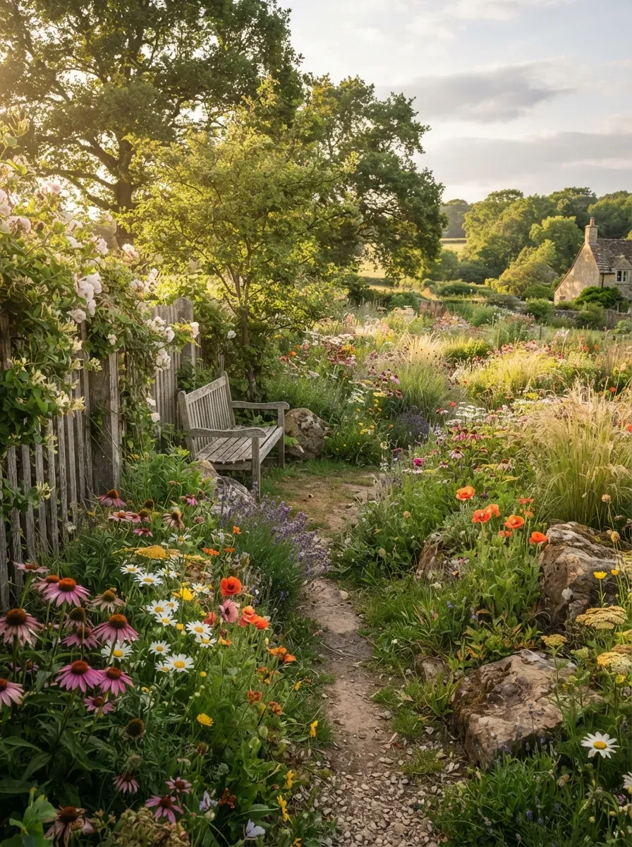 Elegant white wildflower garden with soft grasses and green foliage in natural landscape.