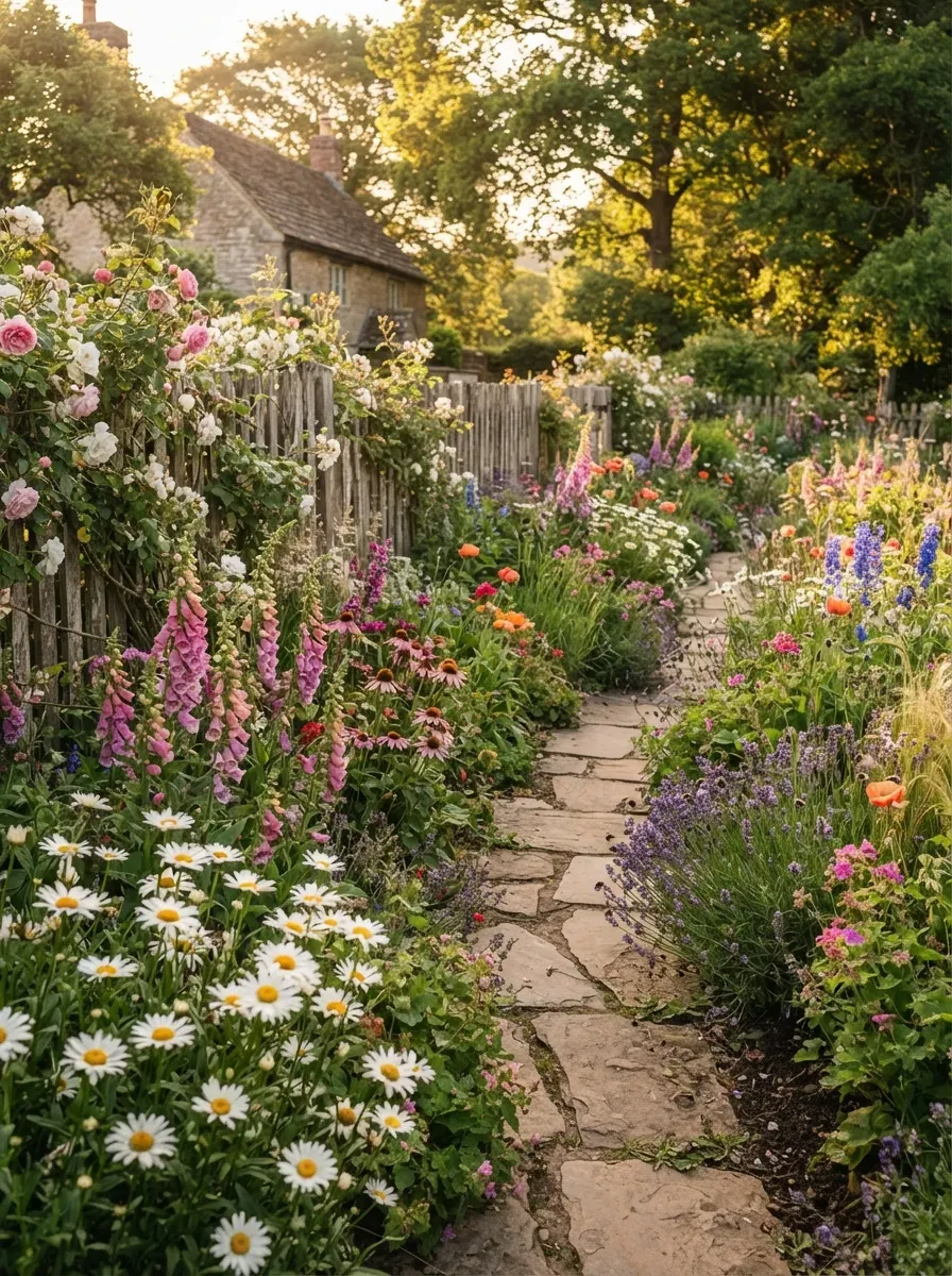 Romantic cottage garden overflowing with wildflowers colorful blooms and lush green foliage.