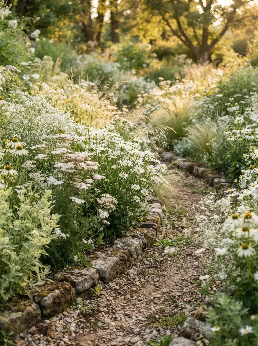 Colorful wildflower border overflowing beside rustic wooden garden fence.