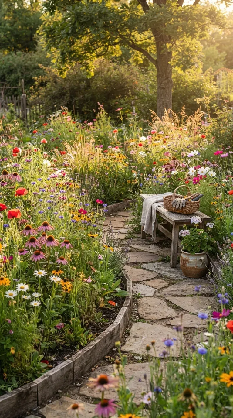 Colorful wildflower garden filled with daisies poppies and native blooms.