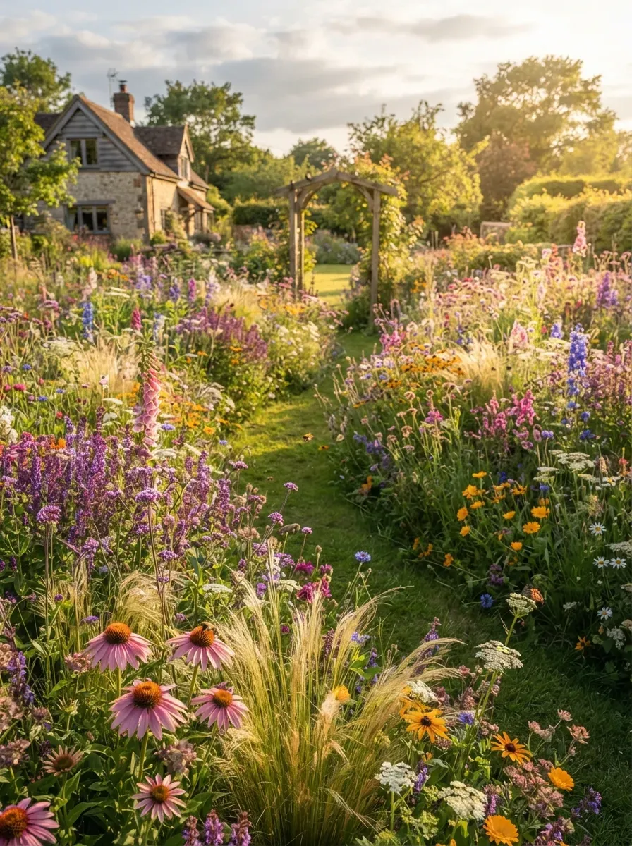 Natural wildflowers growing beside a winding stone garden path through lush greenery.