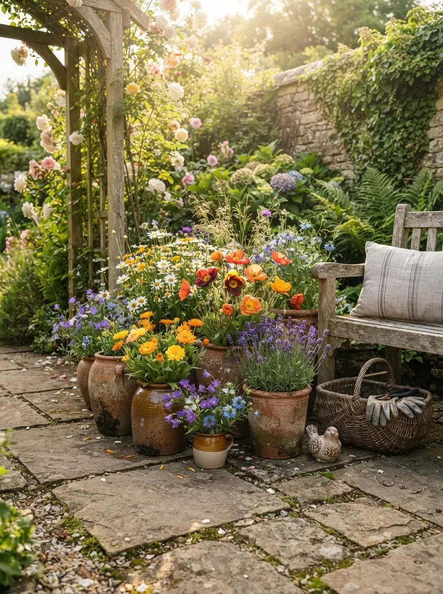 Cozy outdoor seating area surrounded by colorful wildflowers and ornamental grasses.