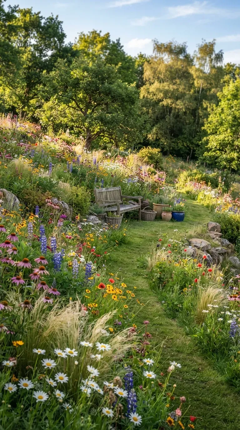 Colorful wildflower meadow flowing naturally across a sunny sloped backyard garden.