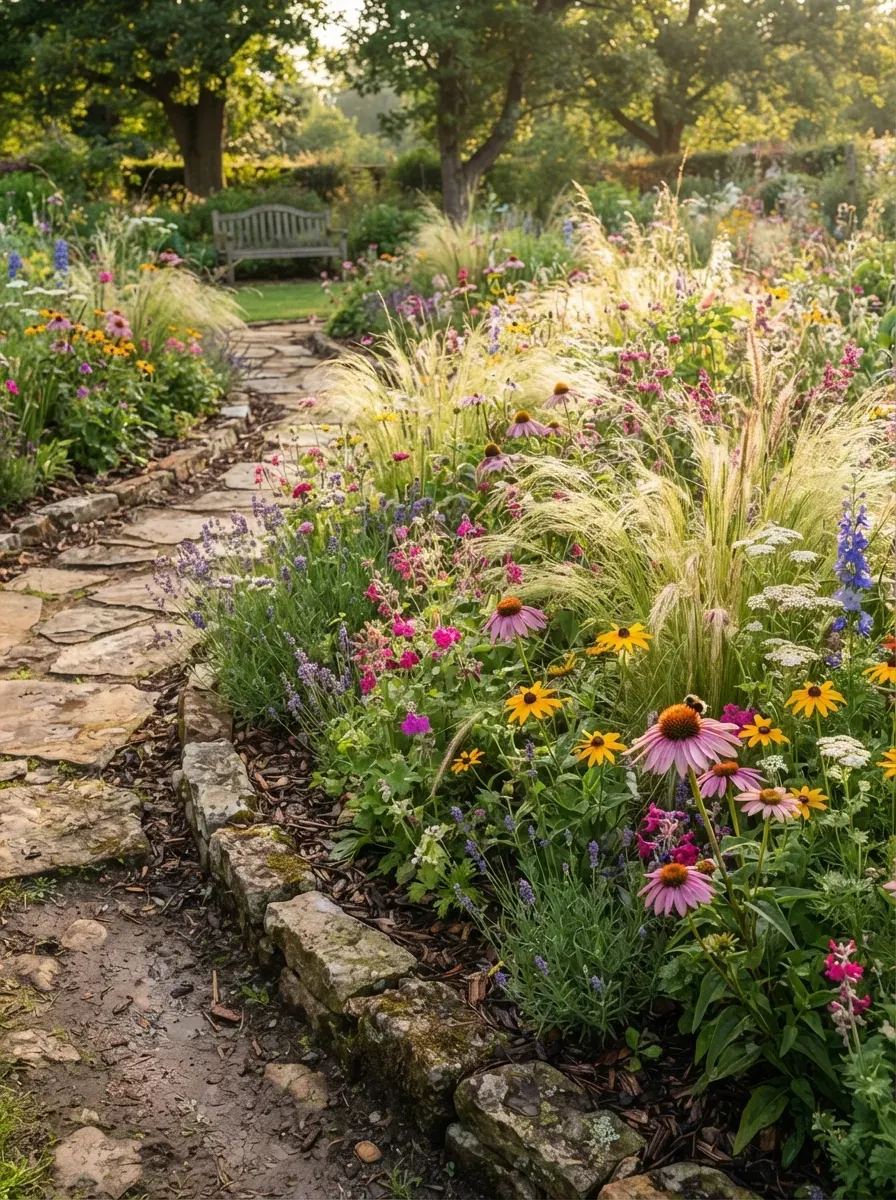 Colorful wildflowers mixed with ornamental grasses in a natural flowing garden bed.