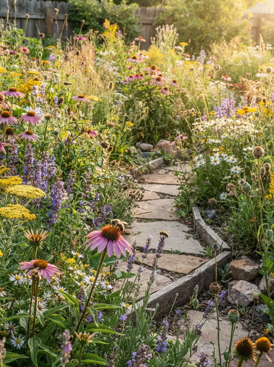 Raised vegetable beds surrounded by colorful wildflowers and lush garden greenery.