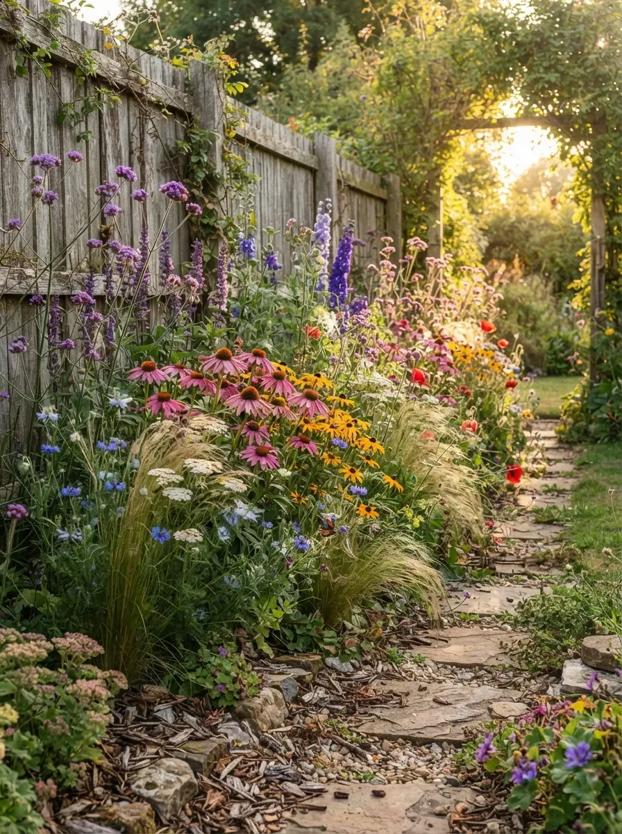 Colorful wildflowers growing in rustic containers on a sunny patio garden.