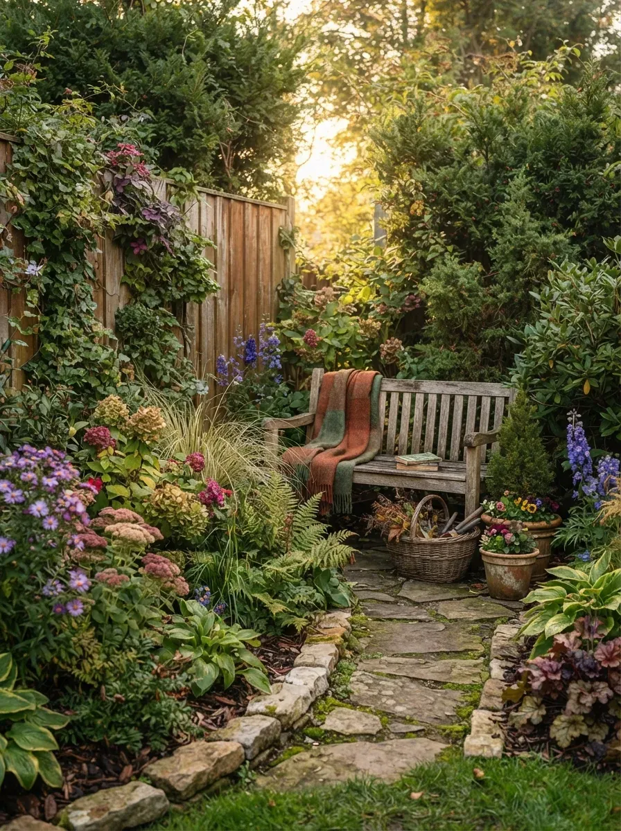Sheltered garden corner protected by wooden fence evergreen shrubs and hardy flowers.