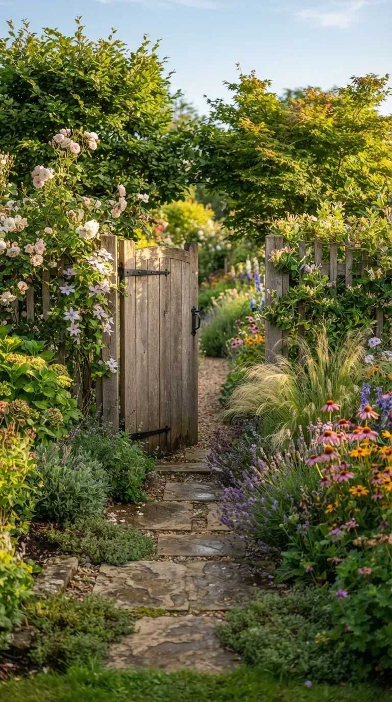 Beautiful sheltered garden entrance with sturdy shrubs flowers and wooden gate.