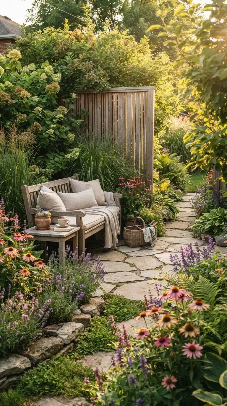 Cozy garden seating area protected by shrubs grasses and wooden windbreak screen.