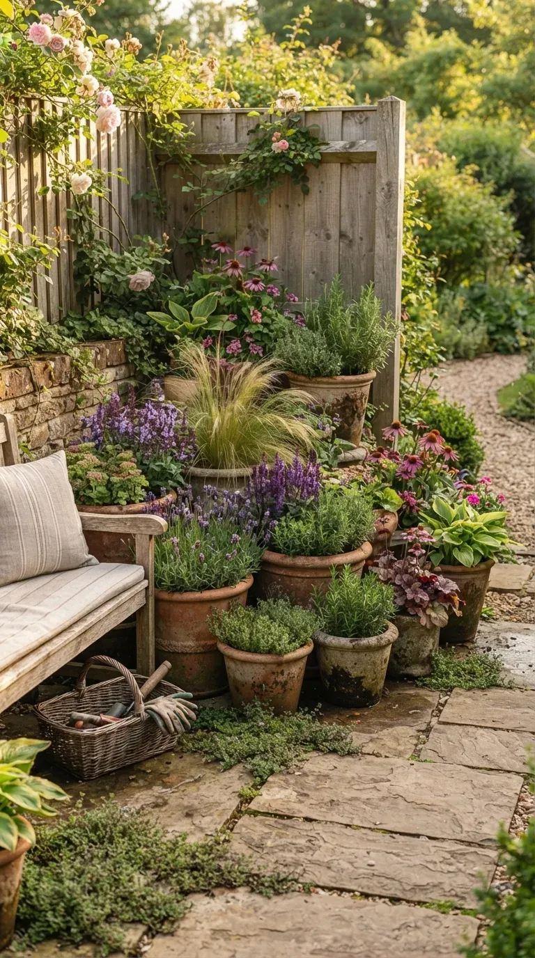 Sturdy containers filled with compact plants arranged in a sheltered garden corner.